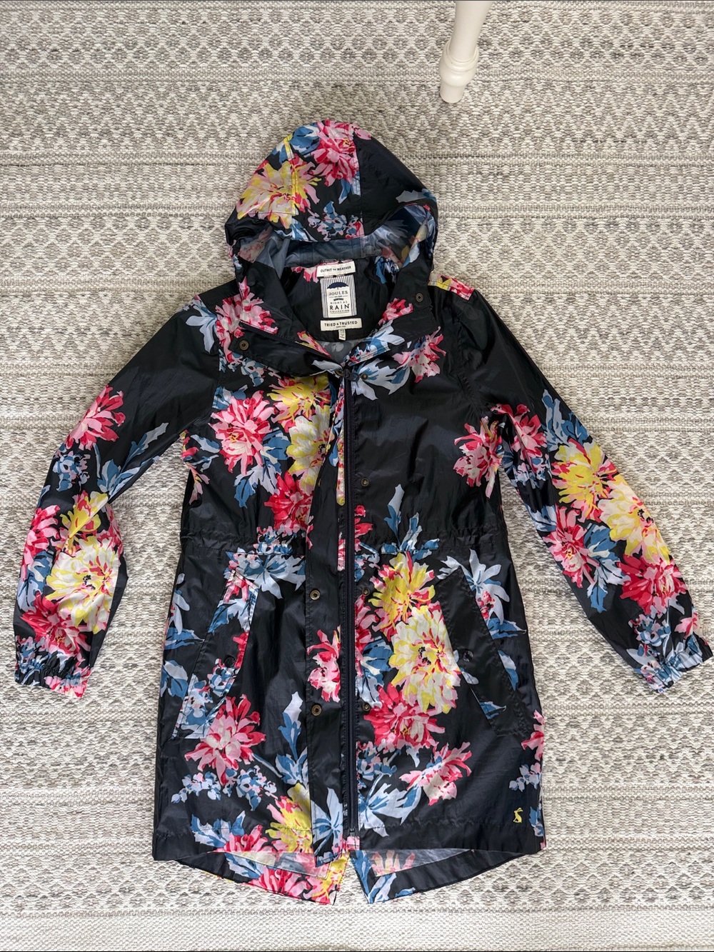 Joules Black Floral Hooded Trench Coat with Pink, Yellow & Blue Blooms